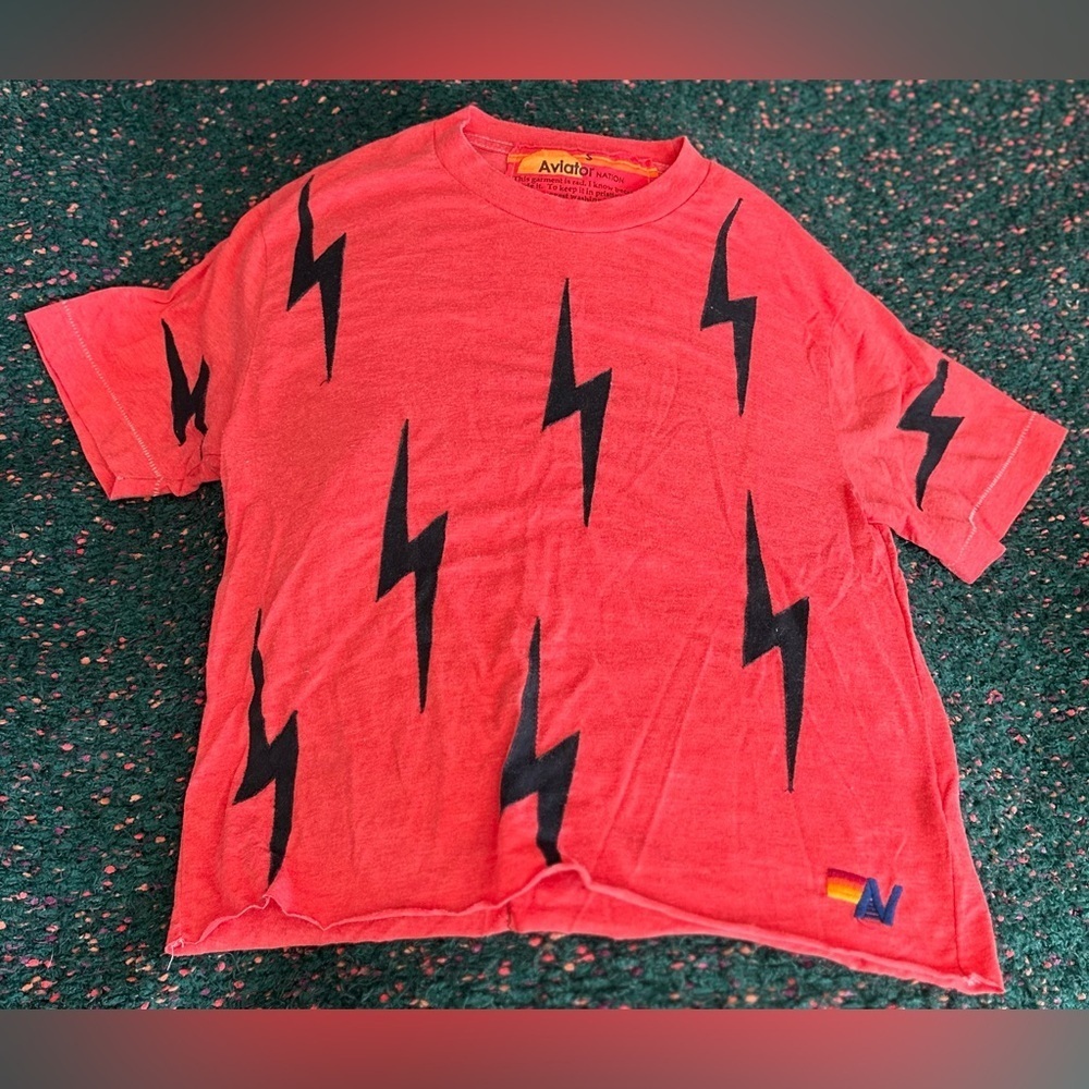 RARE Aviator Nation Lightning Bolt Boyfriend Tee Coral Black S